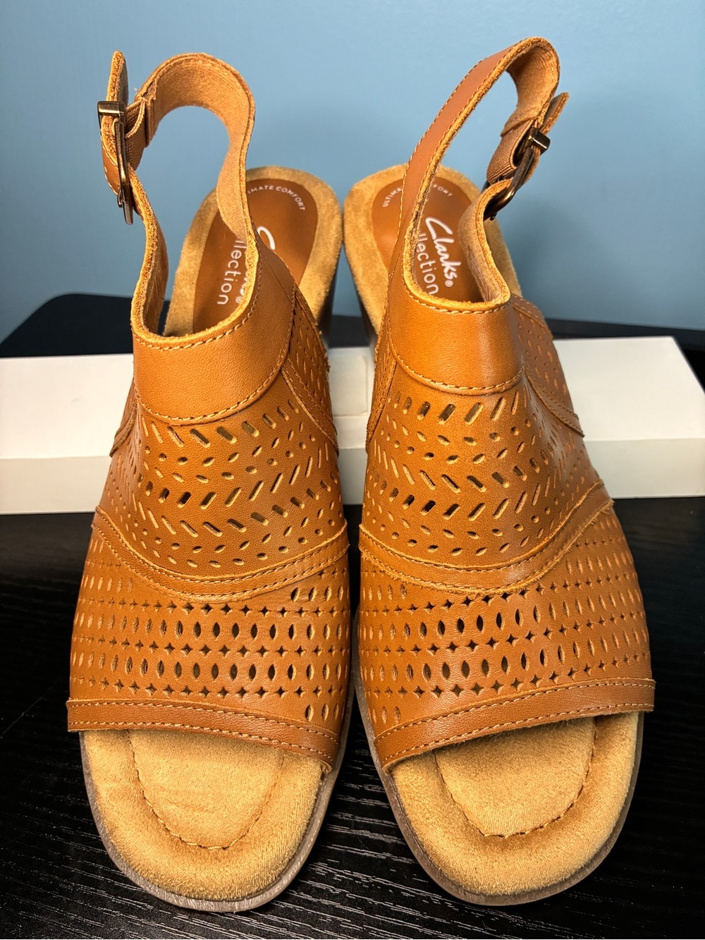 Clarks Tan Perforated Leather Slingback Sandals